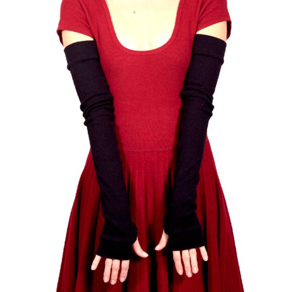 Long Cotton Gloves Black Arm Warmers Winter Sun Sleeves Hand Covers Finger Holes - Picture 4 of 5